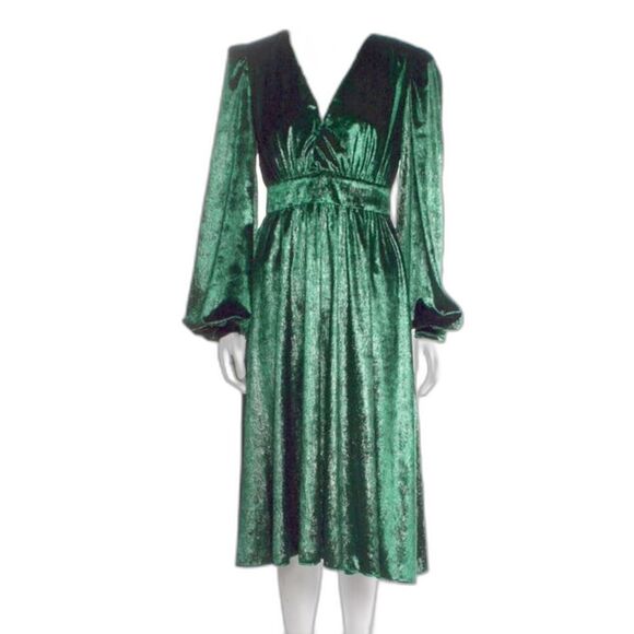 PatBO Green Liquid Velvet V-Neck Long Sleeve Midi Dress Size 8 - Picture 9 of 11